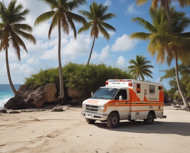 A mobile health services vehicle is parked on a street. The vehicle is beige with blue and orange accents, featuring text and logos, including 'Jockey Club Charles Kao Brain Health Services.' An illustrated portrait of a person in blue is displayed on the side. Trees and a building can be seen in the background, with metal barriers in front of the vehicle.