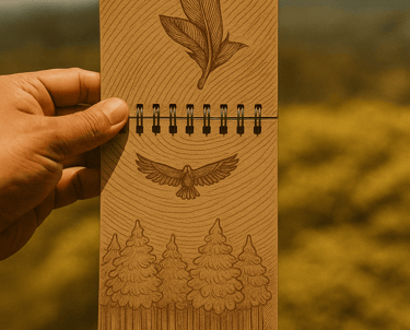 a person holding a notebook with a drawing of a bird