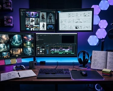Professional gaming and video editing desk setup with four monitors, blue LED lighting, and a mechanical keyboard.