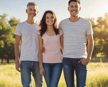 a group of three people standing in a field
