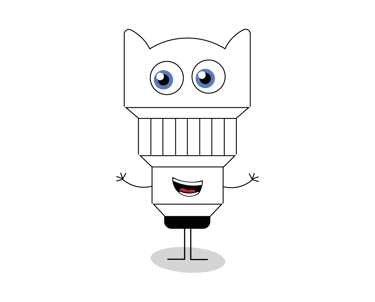 mascotte en forme d'objectif photo contente