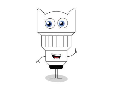 mascotte en forme d'objectif photo qui explique quelque chose