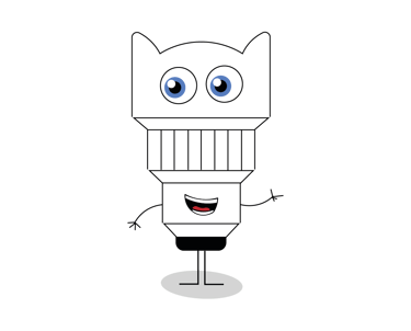 mascotte en forme d'objectif photo qui prend la pose