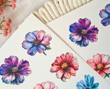 Printed sheets with purple and pink flowers
