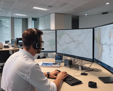 A security guard with a bright yellow vest and the word 'SECURITY' on the back stands inside a public transportation vehicle. Overhead are several orange hand grips for passengers. The seating area features blue seats, and there are informational signs and a blue door marked with the number '2'.