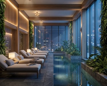 spa relaxation area with pool and greenery by south african spa consultant