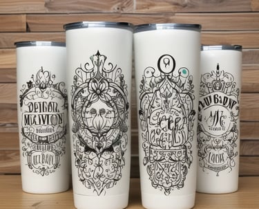 A series of intricately designed fabric prints hang on a line, each featuring unique designs in gold, white, and green against dark backgrounds. The prints are secured with wooden clothespins and appear to be in a workshop or studio environment with exposed ductwork visible above.
