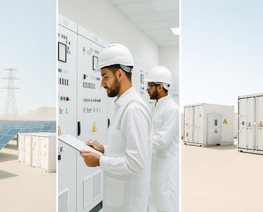 riptych: utility-scale solar PV, bright substation control room with engineers, and BESS containers in clear daylight (Oman/G
