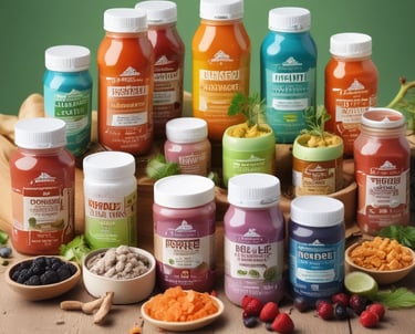 Two hands are holding small green beverage bottles labeled 'magic mind' against a gradient background that transitions from yellow to pink. The bottles have labels indicating ingredients such as matcha and honey. The nails on the hands are painted in different pastel colors.