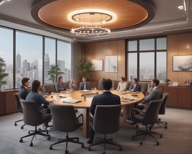 A large group of people seated around a long, rectangular conference table in a well-lit room with wooden paneling and chandeliers. There are water bottles, glasses, notebooks, and other meeting materials on the table. A couple of whiteboards are visible in the background, and the participants are mostly wearing similar attire with name tags.