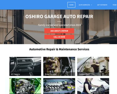 a car repair website page with a picture of a car in the background