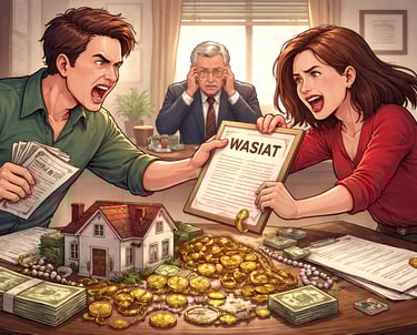 Parents fighting over child custody in a court room with a judge and Indonesian legal documents.