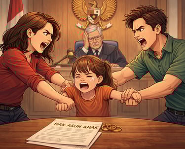 Couple arguing over child custody in an Indonesian courtroom with a crying girl and a frustrated judge.