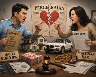 Pasangan suami istri berdebat mengenai pembagian harta dan aset perkawinan selama proses perceraian.