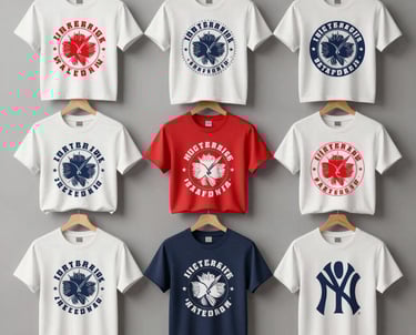 Two men are engaged in a manual screen-printing process in an industrial setting. They are using large screens to apply patterns onto fabrics. The environment appears to be a workshop with various tools and materials scattered around. Ambient lighting creates a focused but slightly dim atmosphere.