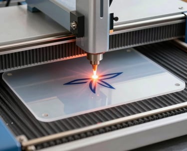 Custom engraved clear acrylic glass plaque award on a wooden desk with a window background.