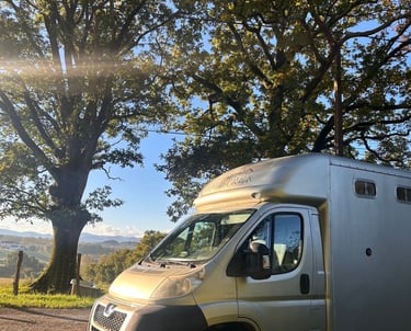 Un camion chevaux devant deux arbres