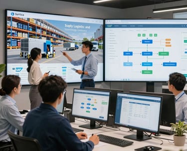 A confident SAP consultant discussing supply chain solutions with a client in a modern office.