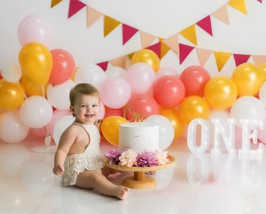 bebé sentada junto a tarta delante de globos en la sesión de smash cake