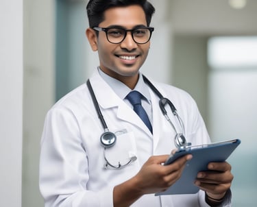 a male doctor in a white lab coat and tie dye