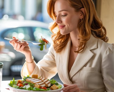 a woman sitting at a table with a salad