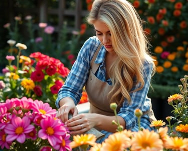 a woman in a apron is looking at flowers