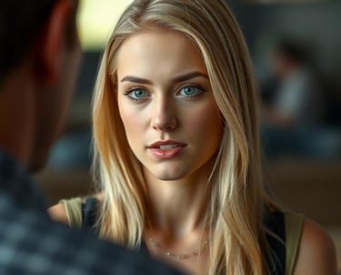 a woman with blonde hair and blue eyes is looking at the camera