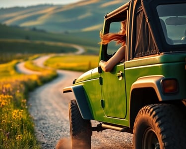 a person driving a jeep on a dirt road