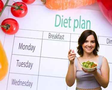 a woman holding a bowl of food and a salad