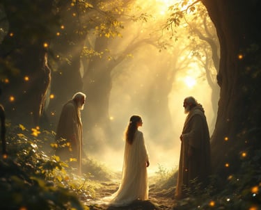 a group of people standing in a forest
