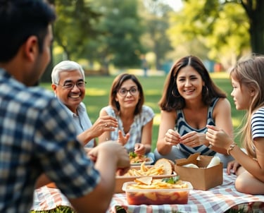 a group of people sitting around a picnic table