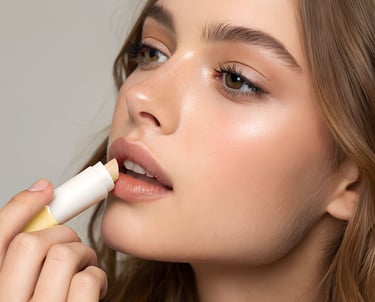 a woman with putting on lip balm