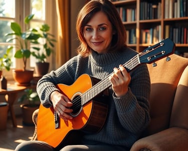 a woman sitting on a couch playing guitar