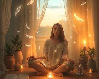 a woman sitting in a meditation position with candles and candles