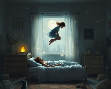 a girl jumping in the air in a bed