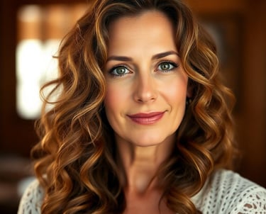 a woman with a white shirt and a curly hairstyle