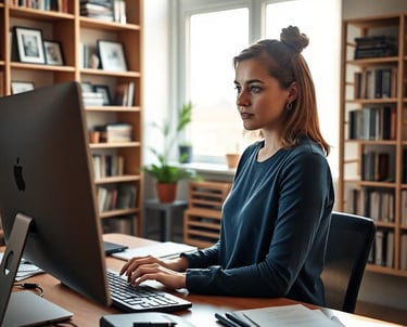 a woman sitting at a desk a computer