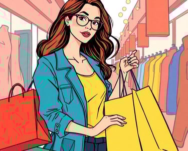 a woman in glasses and a blue jacket is holding shopping bags