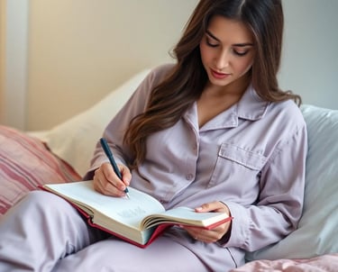 woman writing in a journal while wearing pajamas