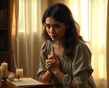a woman sitting at a table with candles and candles