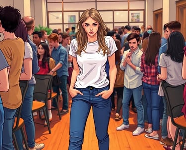 a woman standing in a room with a bunch of people