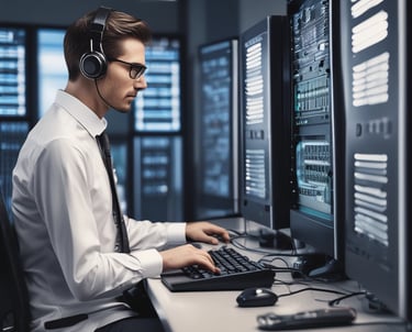 A digital rendering depicting a tall, metallic server rack positioned centrally on a platform. The server appears to have multiple blue-lit slots. Surrounding the rack, there are several stacks of cylindrical objects resembling databases or storage units, all set against a dark background.
