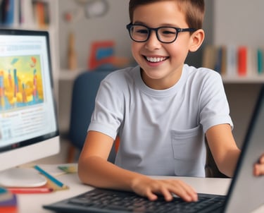 a young boy sitting at a desk with a laptop computer