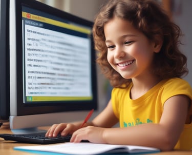 a young girl smiling and holding a pen and writing on a paper
