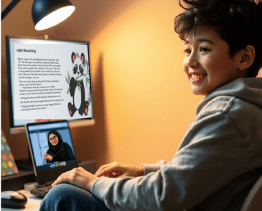 a boy sitting at a desk with a laptop and a computer