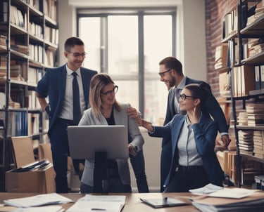 two people shaking hands in front of a laptop