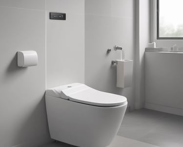 A sleek bathroom showcasing a high-tech toilet with illuminated controls and a soft-close lid.