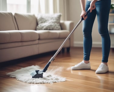 A set of cleaning products is arranged on a light-colored marble surface. The items include two metal spray bottles, a small glass bottle with a liquid, a natural bristle brush, and a cloth with dark stripes. Sunlight filters through leaves, casting dappled shadows on the surface.