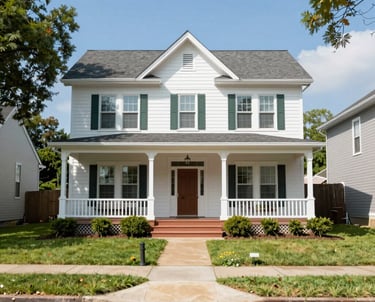 a white house with green shutters and a door