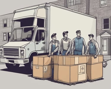 A moving truck parked outside a house with boxes ready for loading.